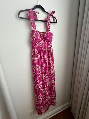 🩷🤍Pink Tropical Print Tie-Shoulder Maxi Dress🤍🩷